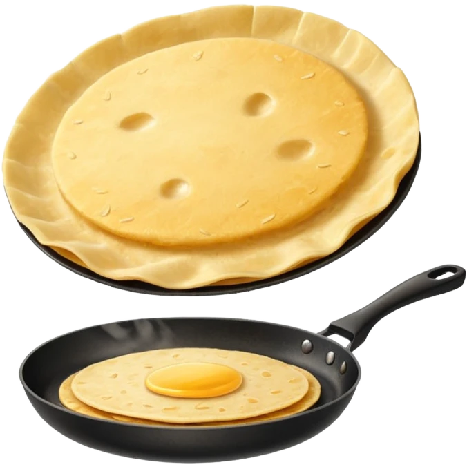 golden round tortilla mbeju flipping slightly in the air over a frying pan emoji