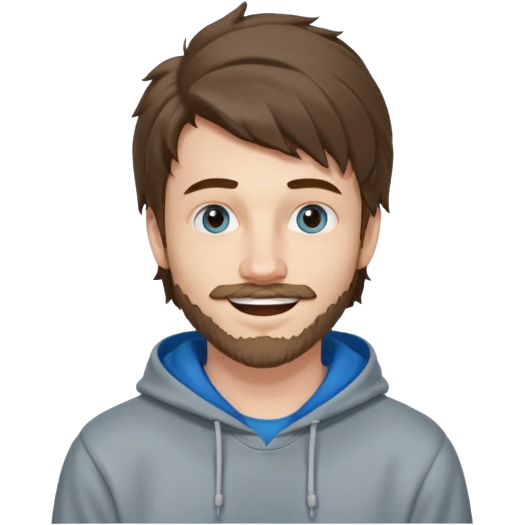25 year old man, short scruffy beard and thin moustache, brown puffy mullet, blue eyes, big smile, white teeth, big lips, pronounced jaw, hair longer in back, sticking up on top, thin face, grey hooded sweatshirt, pale skin, big smile, blue eyes, puffy hair emoji