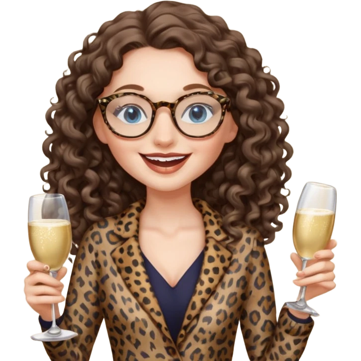 a blue eyed woman with very long brunette curly hair, full lips,and really pale skin. She is wearing a leopard printed thin round-ish glasses . She is wearing fully brown clothes. She is celebration sth with a bottle of champagne and laughing emoji