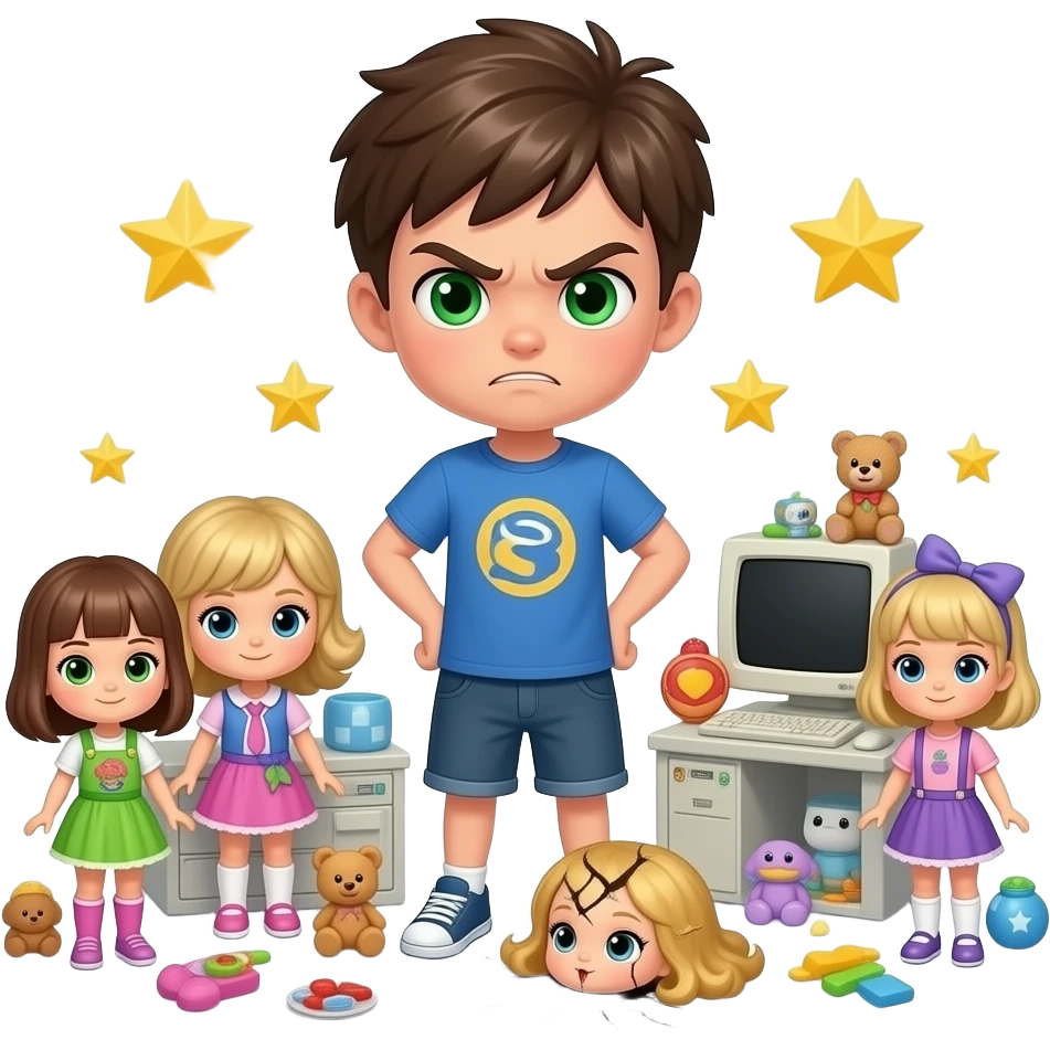 Angry Teenage boy Green eyes surrounded by toys and dolls, computers, stars, around and foot on one broken Doll with blond hair emoji