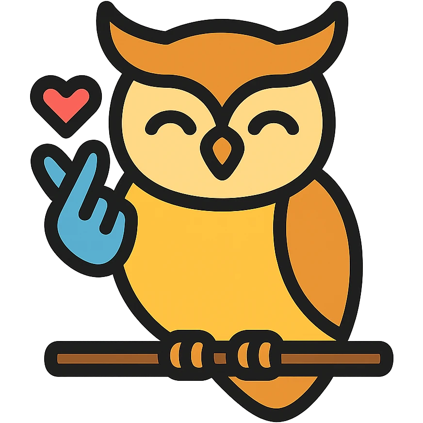 a wise, smiling owl perched on a branch, making the saranghae sign with one wing, modern icon style emoji