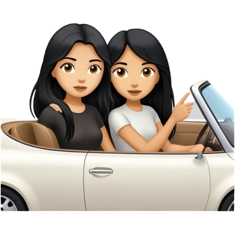Two girls both with black long hair in a white car driving to a destination emoji