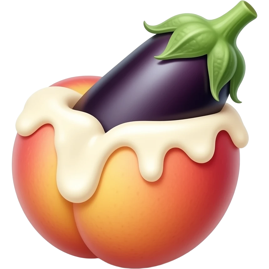 Eggplant slightly inserted into a peach with cream spilling out emoji