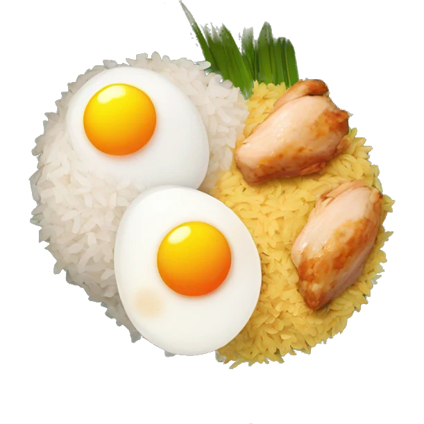 a bowl of rice with two eggs and two chicken emoji