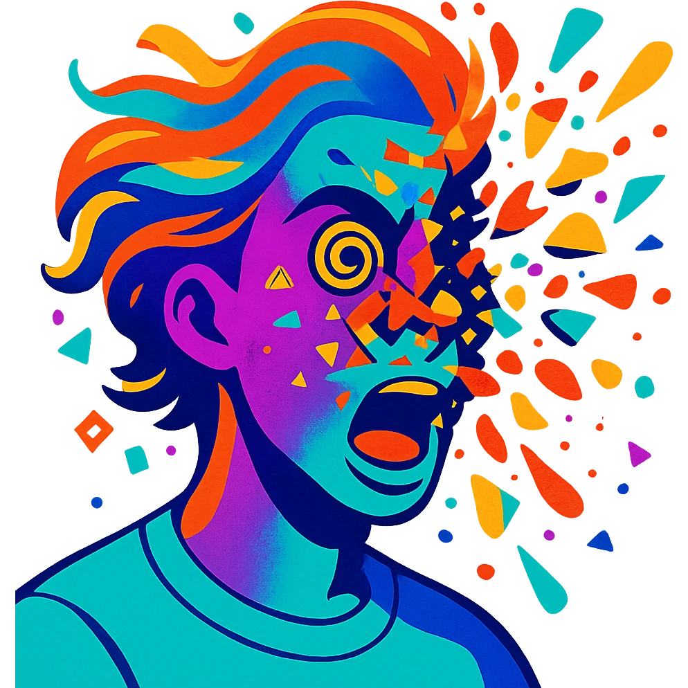 person with acid purple and turquoise neon skin, face breaking apart in colorful explosion, airbrushed, hair as flowing liquid color, spiral eyes, geometric accents, paint flecks, energetic motion emoji