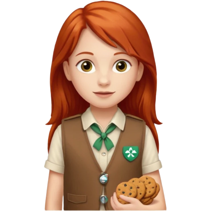 white girl scout with red long hair selling cookies with a brown Girl Scout vest and white shirt under vest. She should be around 10 years old emoji