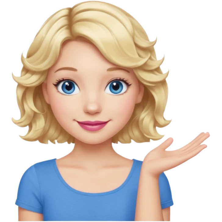 Girl Blonde short wavy hair,  blue eyes, cute blue top, long lashes, pink lips, smiling, one hand 🤷🏼‍♀️  emoji
