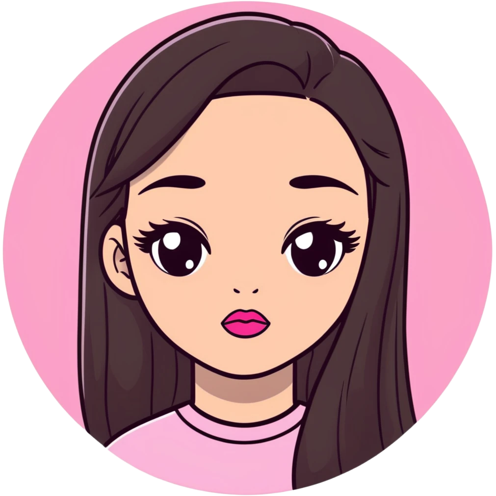 girl with lighter skin, dark brown long straight hair, pouty shiny lips with pink lip gloss, large eyes with eyelashes, pink blush on cheeks, inner eye highlighted with white eyeliner, lighter button nose, long oval-shaped face emoji