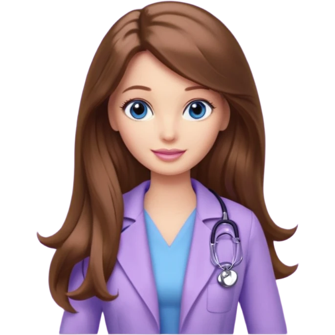 beautiful barbie girl with long brown hair, blue eyes and wearing light purple clothes watching doctor who emoji