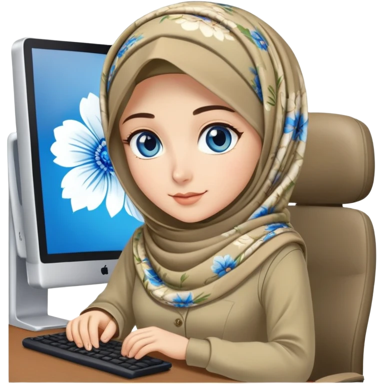 Turkish beautiful finish Konya girl blue eyes and khaki floral hijab and dress and she work on office with computer emoji