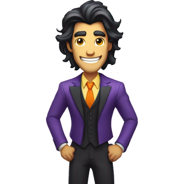 A thin, tall man with gray skin, long black hair, the man has a purple suit vest and an orange shirt, he has a big smile with yellow teeth in the style of the Hazbin Hotel. emoji