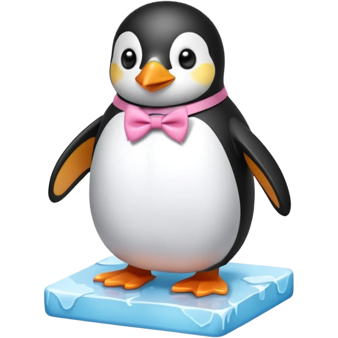 penguin, pink bow tie, standing on small ice melting block emoji