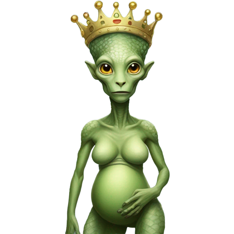 Pregnant reptilian alien woman, full body, have a crown emoji