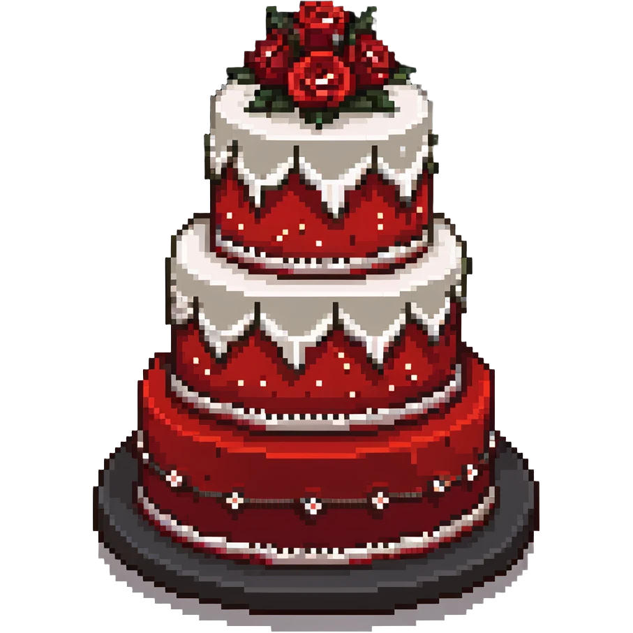 Red wedding cake with white frosting details and small roses emoji