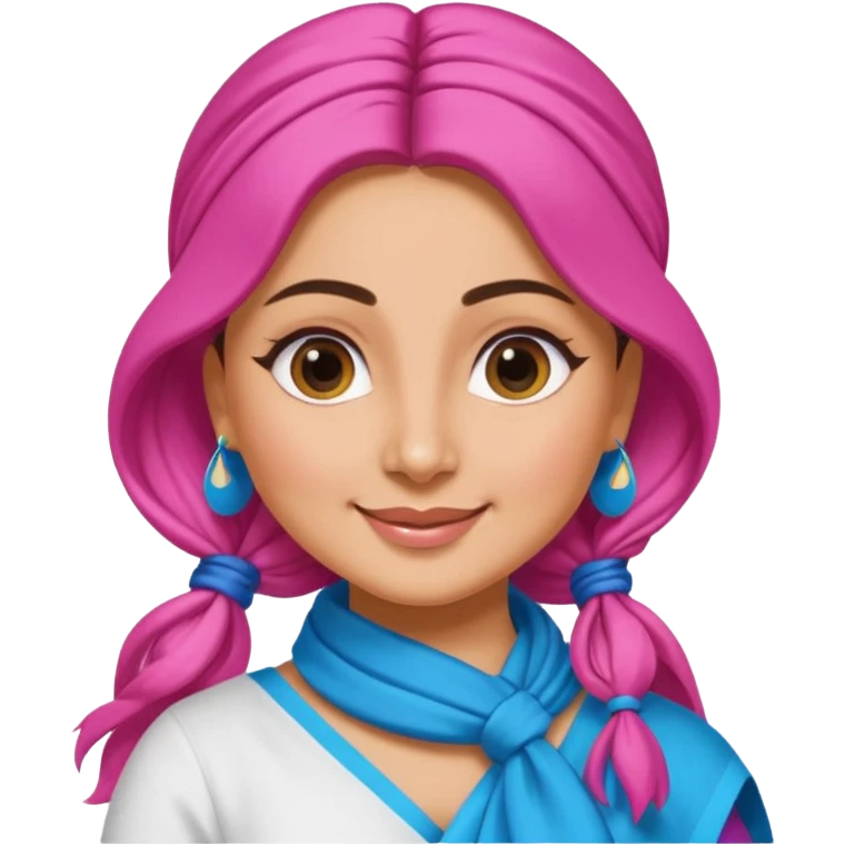 generate a pretty bratz emoji that looks like Kareena Kapoor's Geet character. 
Make her wear a white shirt with a colorful blue-pink dupatta wrapped around her neck. smiling big. hair tied into a side part ponytail

She should look like Kareena Kapoor emoji