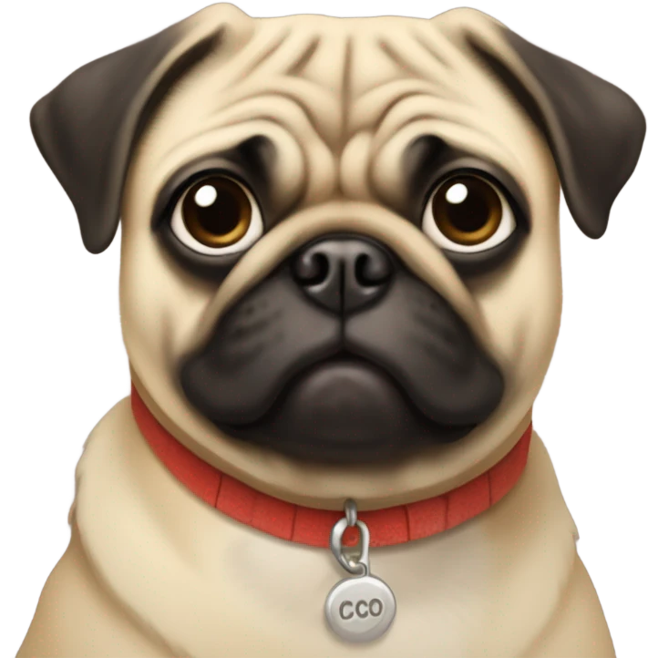 A pug with a collar that says “Coco” emoji