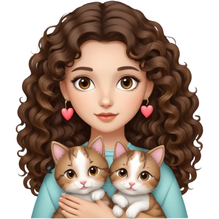cute girl long brunette balayage curly/wavy not voluminous hair, brown eyes, hoop earrings, natural pretty clean makeup: heart eyes while holding kitties emoji