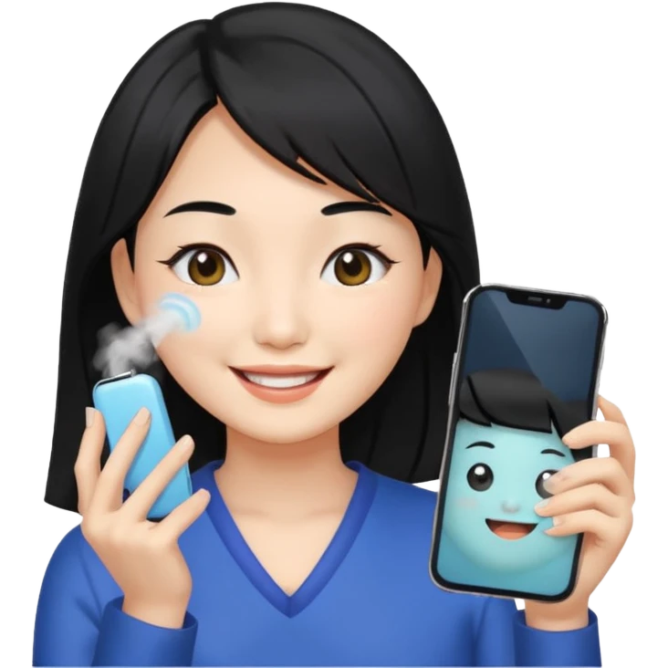 a korean cosmetics marketing expert women with black hair, holding face-mist and phone with smile on emoji