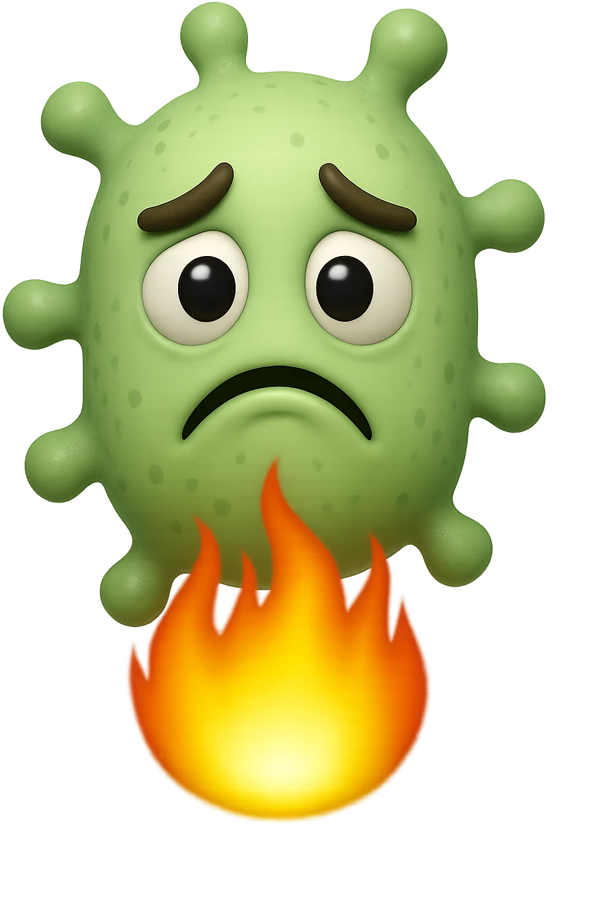 EMOJI STILE IPHONE 3D DI BATTERI INTESTINALI 3D CON ESPRESSIONE TRISTE  IN VOLTO MENTRE SOTTO DI LORO BRUCIA UNA FIAMMA, FAGLI ANCHE LA PARTE BIANCA DEGLI OCCHI, NON SOLO LA PUPILLA emoji