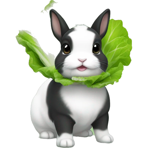 black and white mini netherland dwarf with lettuce emoji
