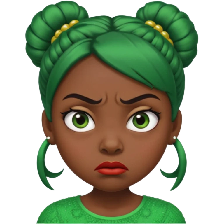 Create a 3D cartoon-style girl character with dark skin, round face, angry expression, big wide eyes, and tightly styled double buns made of green beaded hair. The girl should look irritated, eyebrows sharply angled, and lips pressed in a frown. emoji