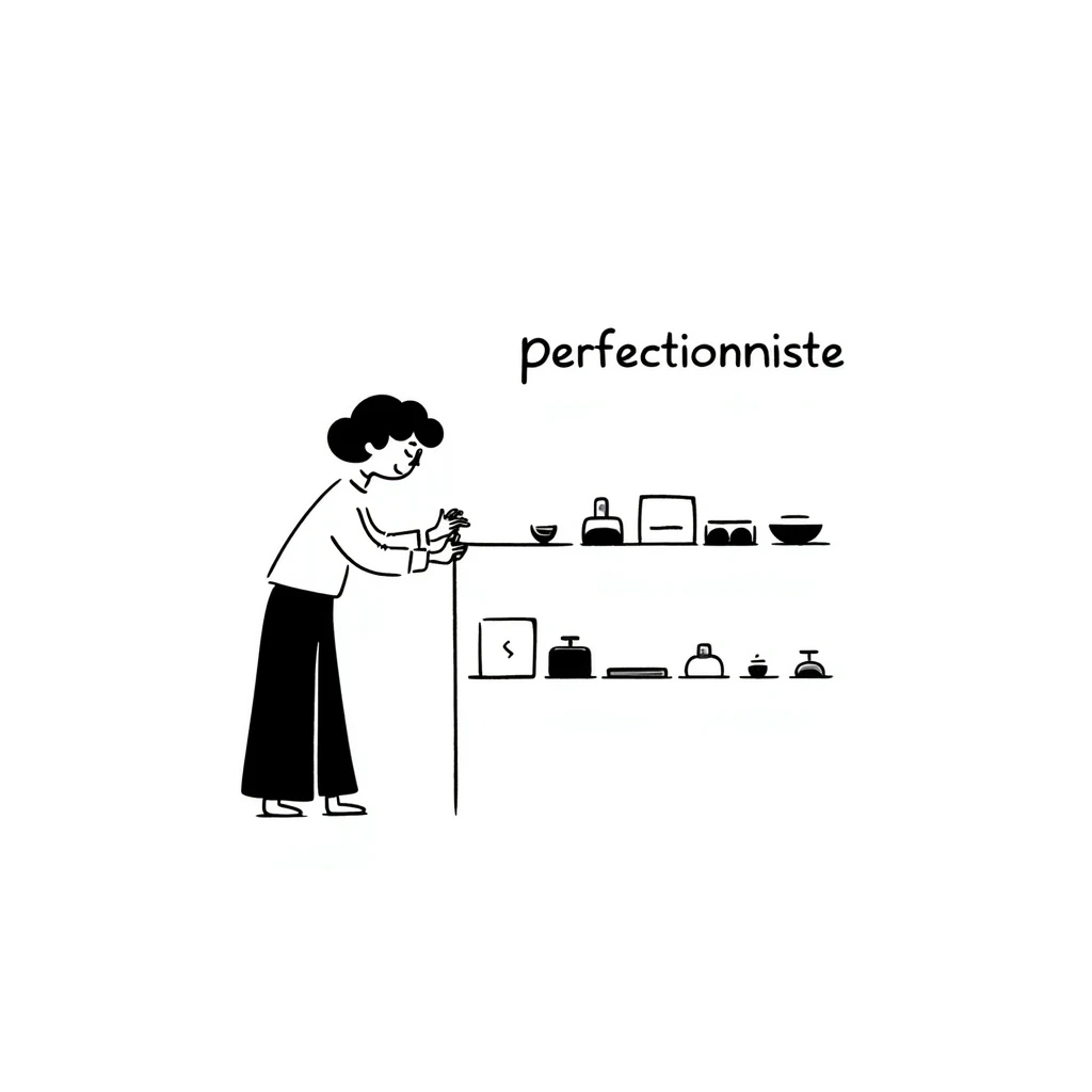 hand-drawn doodle of a perfectionist organizing objects in a straight line, neat and tidy, with text 'perfectionniste' emoji