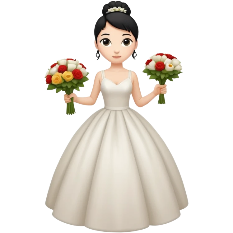 Chica blanca,cuerpo entero, vestido boda tirantes , pelo negro,   1 ramo de flores , pelo recogido en moño alto emoji