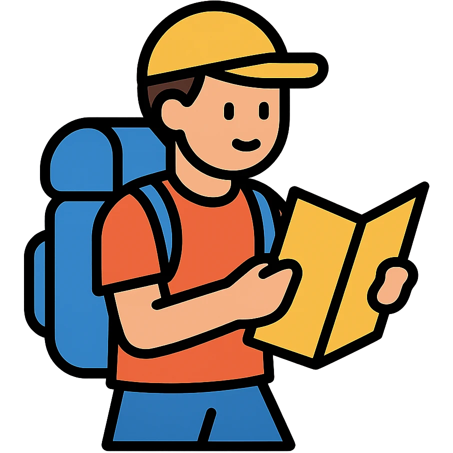 color outline icon of a hiker with a map and backpack emoji