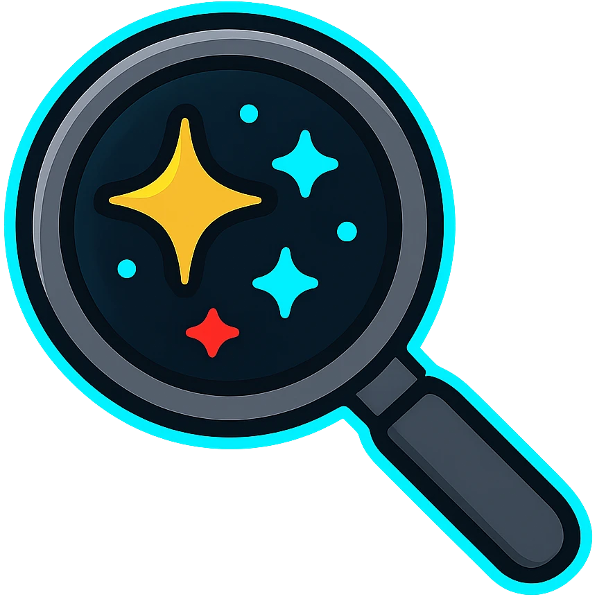 magnifying glass search symbol, dark metal frame with subtle glow, lens with bright colorful star field, neon glow border emoji