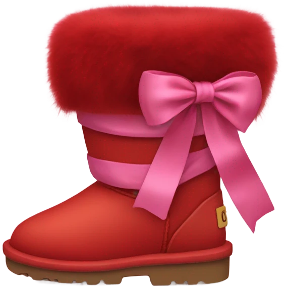 Red pair of UGG Fur boots laced up with pink silk ribbon. emoji