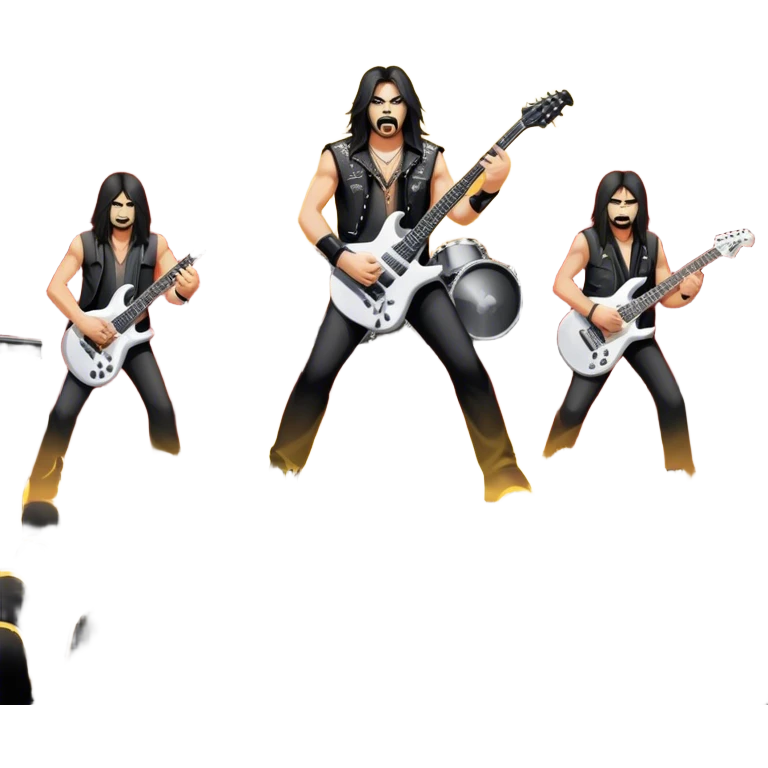 Icon for Heavy Metal: a metal band on stage, with electric guitars, drums, and a powerful vocalist. The atmosphere is intense with flashing lights, music notes, and a crowd of fans. The design should capture the energy and power of a live heavy metal performance. Transparent background. emoji