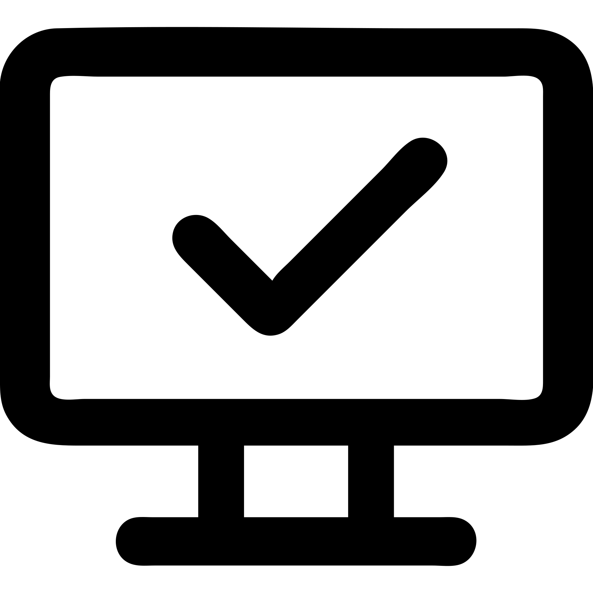 Edit the image of a monitor with a checkmark in a minimalist style with solid black fill and transparent background. Tilt the checkmark to the right. emoji