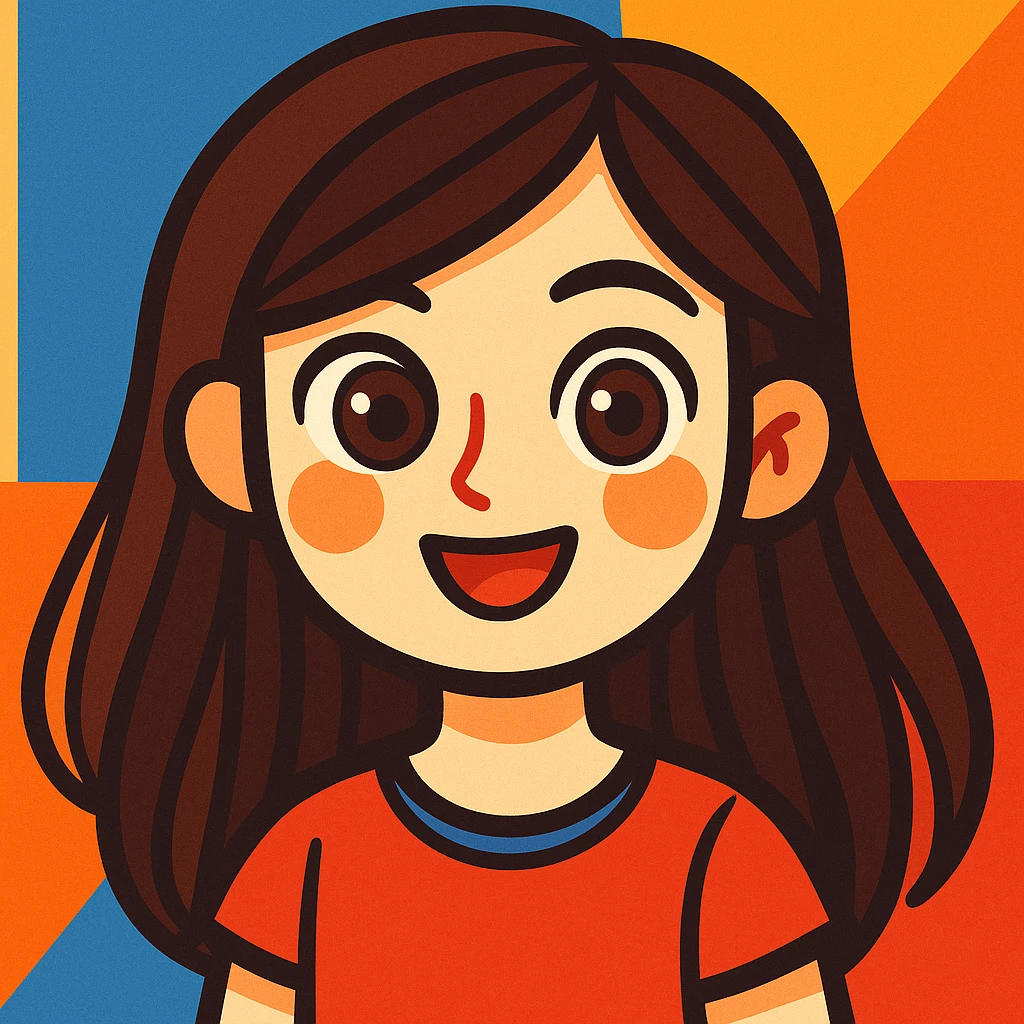 pale skin girl with long brunette hair and brown eyes, vibrant cartoon style emoji