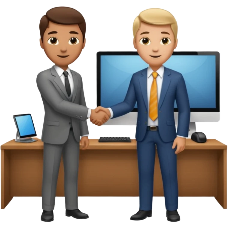 a video editor handshaking with a castomer. customer wears suit and tie but video editor wears shirt and trouser. they are handshaking inside a corporate office. emoji