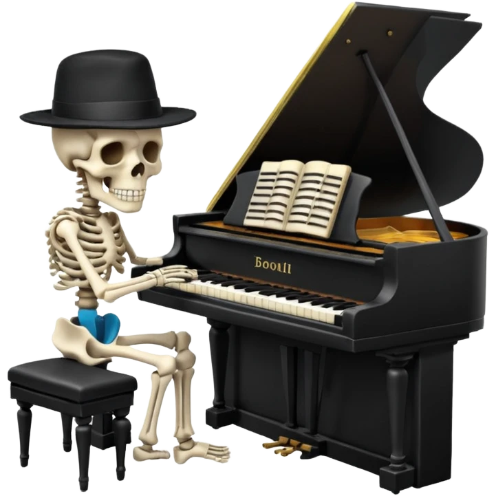 A human skeleton wears a black hat and plays the piano. emoji