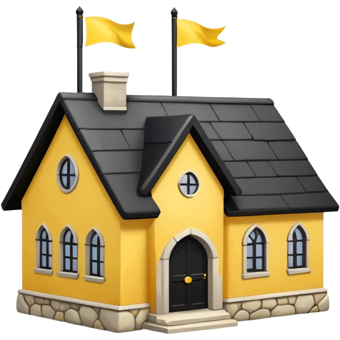 simple magic school, low detail, white background, magic school, black roof, with a big flag, big flag on a roof, big yellow flag, white school emoji