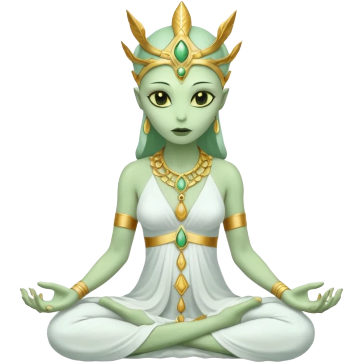 a Reptilian alien woman,in meditation, white dress like a priestess emoji