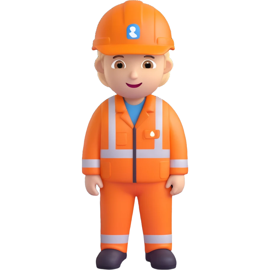Keith Morey as a cheerful Network Rail employee emoji, in orange safety gear and helmet, standing on a railway track background emoji