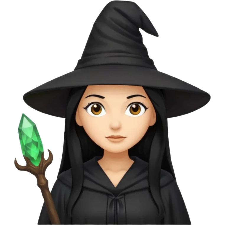 Witch with long black hair, tan skin wearing black robe and black hat emoji