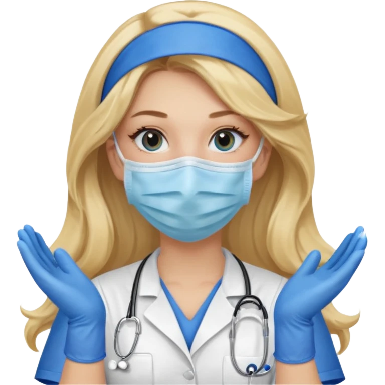 enfermera rubia con pelo largo, con mascarilla y guantes azules emoji
