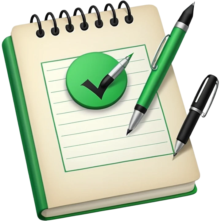 Notes book with pen and massive green tick emoji