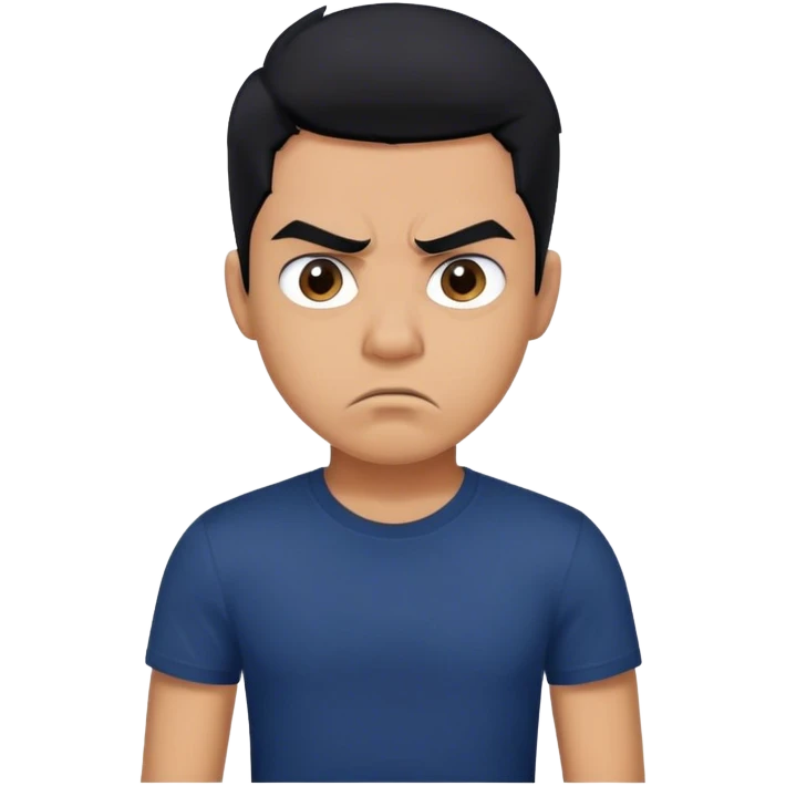 Young Latino man, black hair, wearing navy blue t-shirt, a little angry emoji