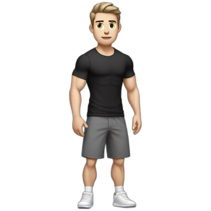 Confused Pale skinned Fit Man With the biceps and dark brown hair in black shirt, gray sports shorts and white Sneakers emoji