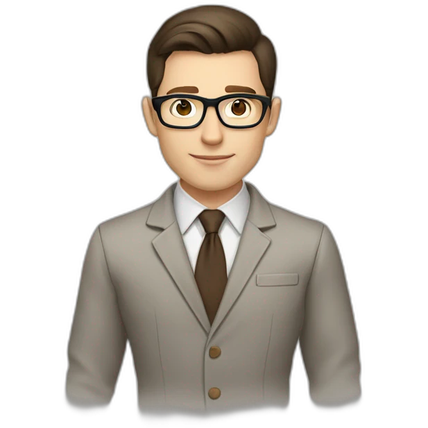 Pale skinned fit man with dark brown hair in gray jacket, beige office shirt, brown tie, brown pants and vintage glasses Writing on the tablet emoji