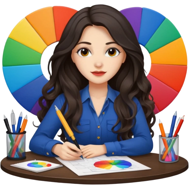 female dark wavy long hair graphic designer , big color wheel behind , pens, papers, desktop emoji
