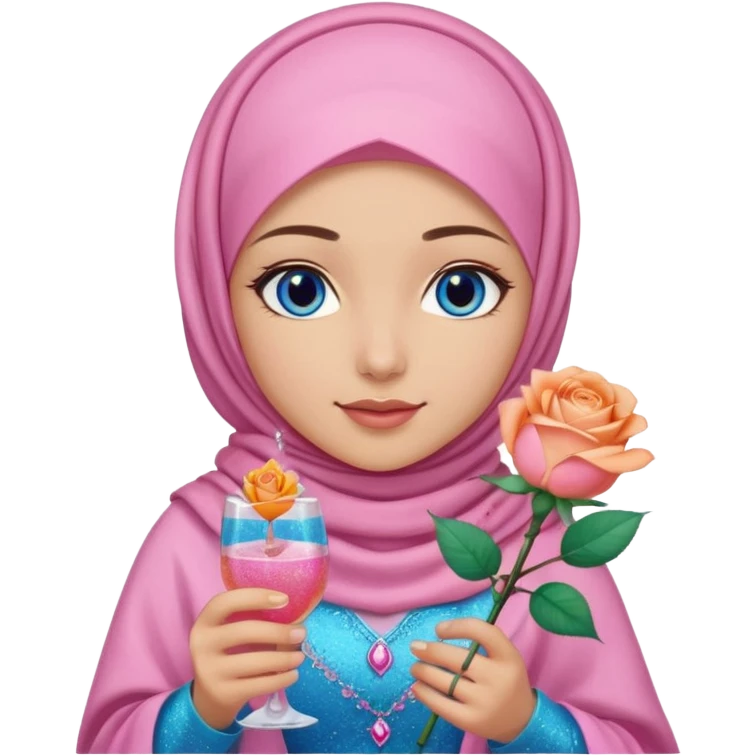 Turkish beautiful finish Konya girl blue eyes with  pink hijab islamic dress and had on her hand Glittery rose mocktail with orange light pink roses emoji