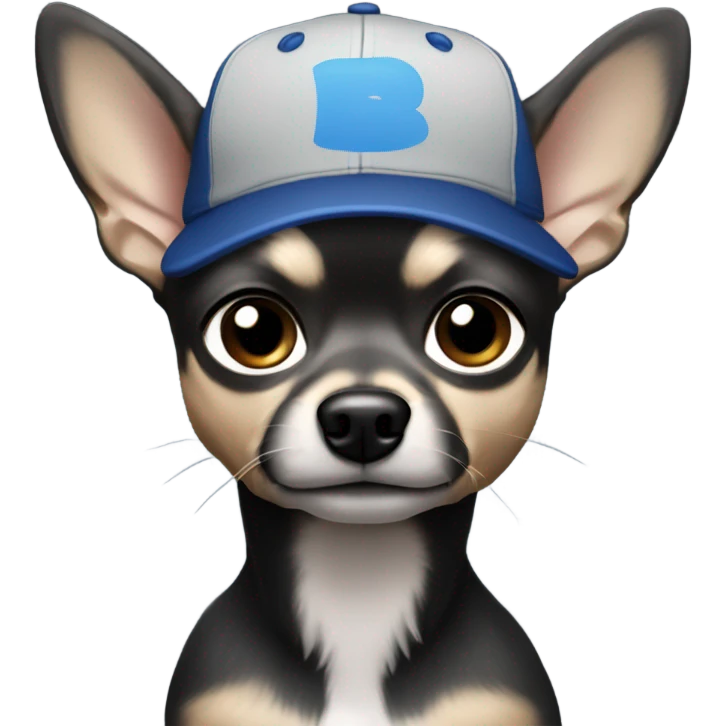 Handsome man with blue eyes, wearing ball cap, with grey hair and goatee beard, holding all black long haired chihuahua emoji