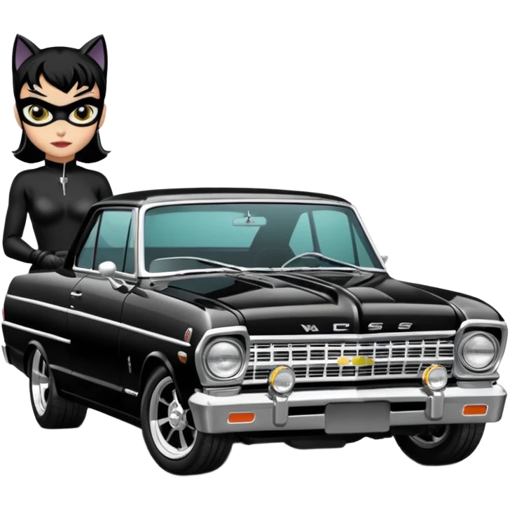 Catwoman’s  blacked-chrome 1965 Chevy Nova SS street rod emoji