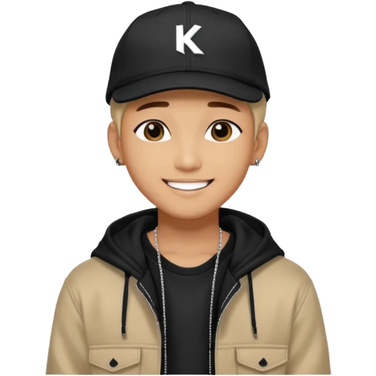 Portrait of a male K-pop idol, wearing a stylish streetwear outfit with layered clothing, makeup, wearing a black cap, happy emoji