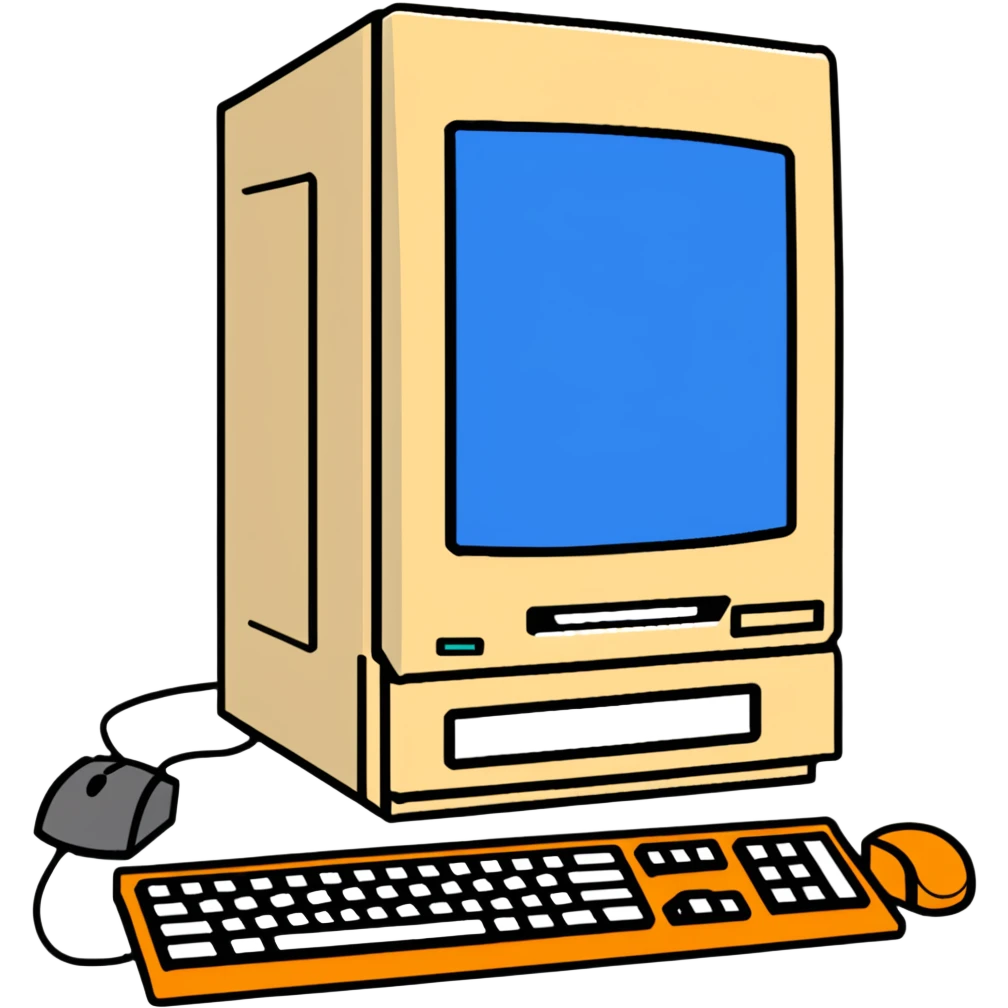Early 2000s desktop computer, beige plastic casing, CRT monitor with blue screen, tower CPU with CD drive, separate wired keyboard and mouse, simple tech setup emoji